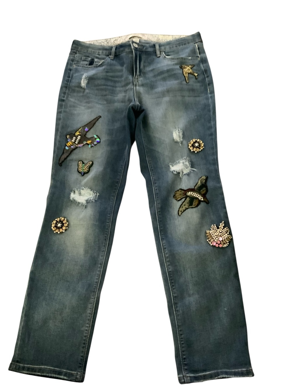 VINTAGE AMERICA BLUES Bestie Jeans Size 8R/29 Embellished Patches Birds Flowers